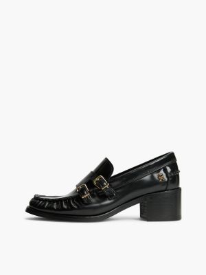 schwarz leder-loafer mit doppel-schnalle und blockabsatz für damen - tommy hilfiger