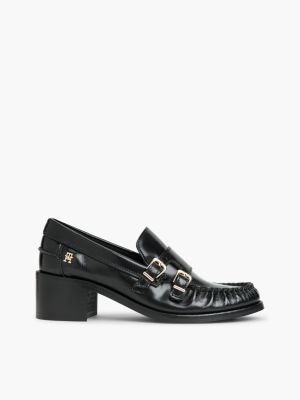 black leder-loafer mit doppel-schnalle und blockabsatz für damen - tommy hilfiger