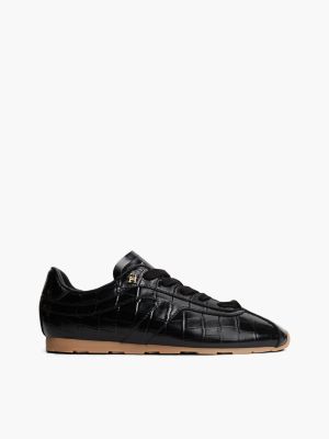 black leder-sneaker mit kroko-prägung und profilsohle für damen - tommy hilfiger