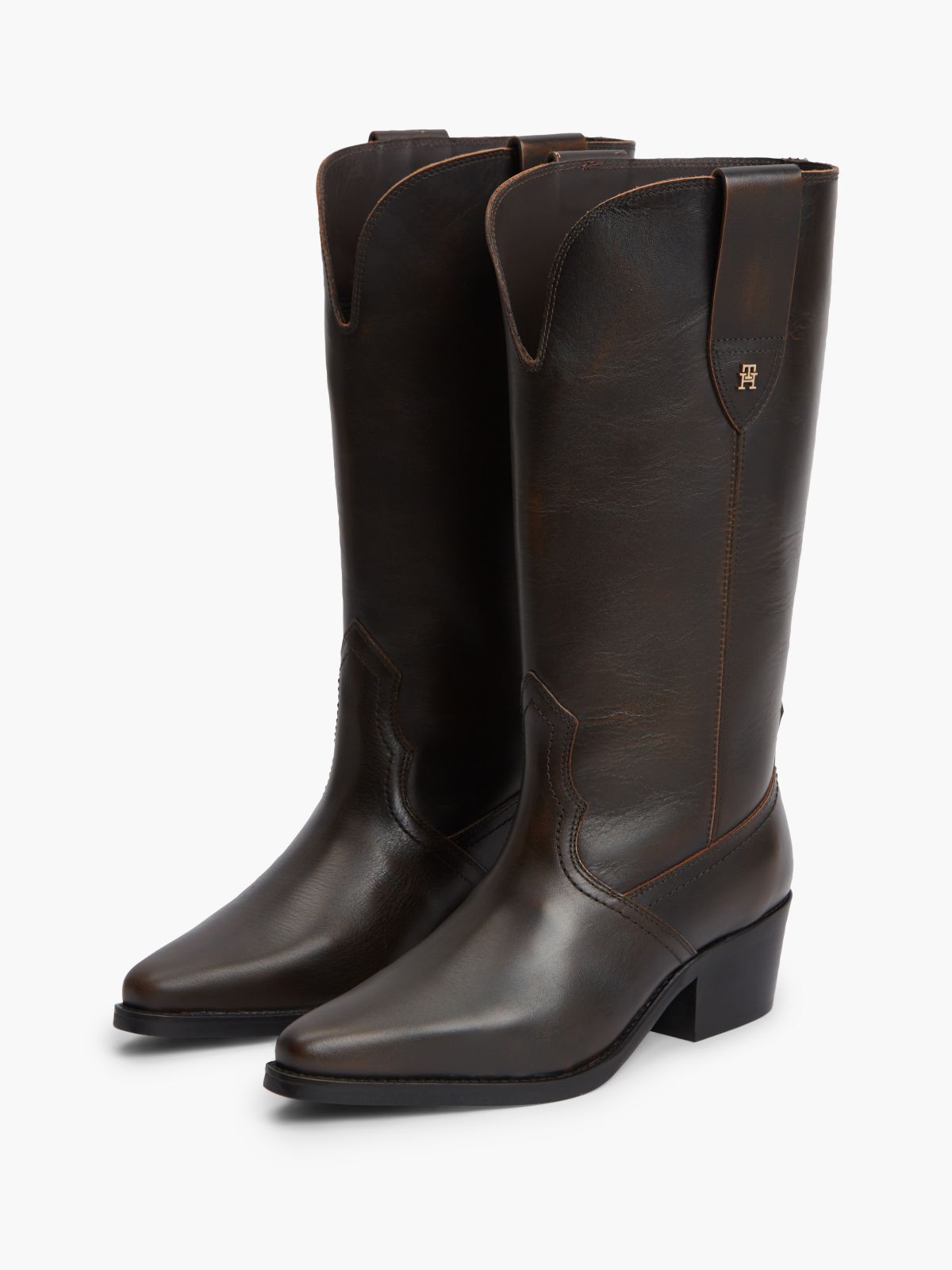 TH Monogram Leather Cowboy Boots — Brown