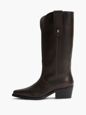 brown th monogram leather cowboy boots for women tommy hilfiger