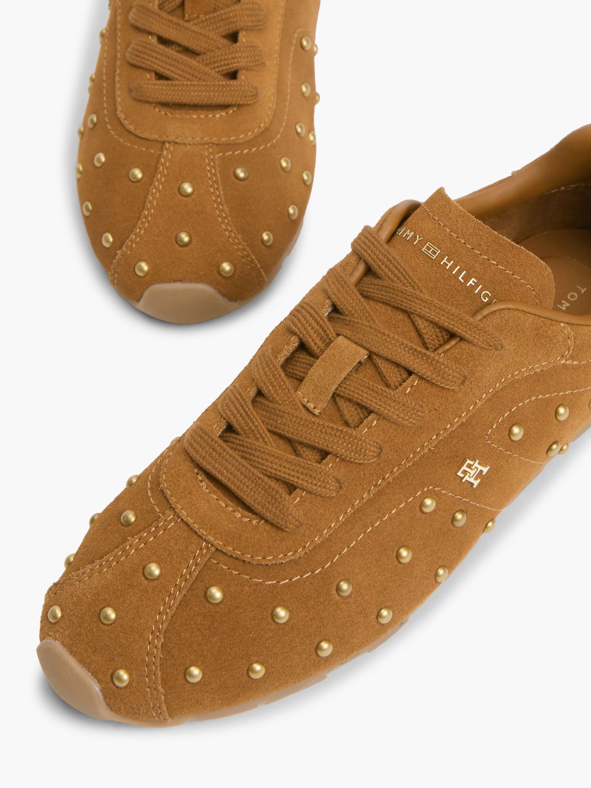 Suede Studded Low Profile Trainers — Brown