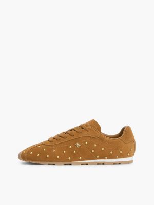 brown suede studded low profile trainers for women tommy hilfiger