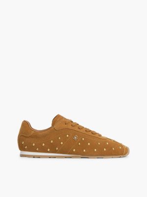 brown suede studded low profile trainers for women tommy hilfiger