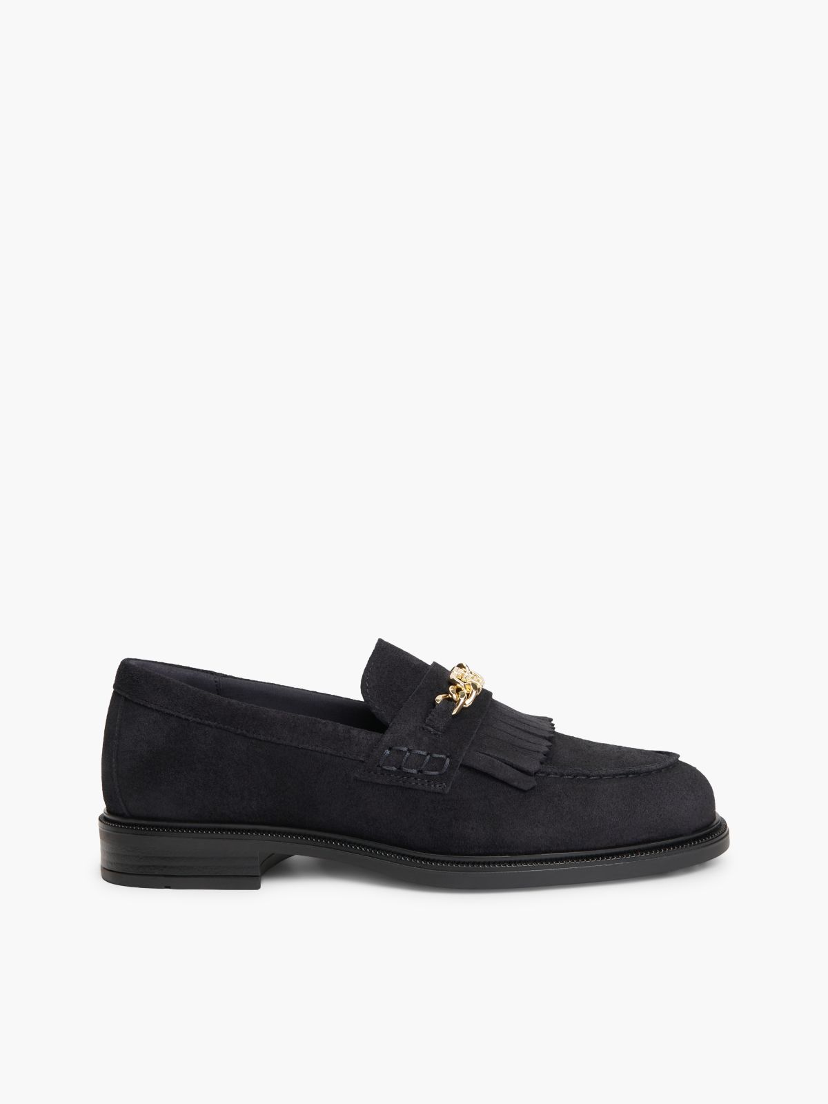 Suede Fringe Horsebit Loafers — Blue