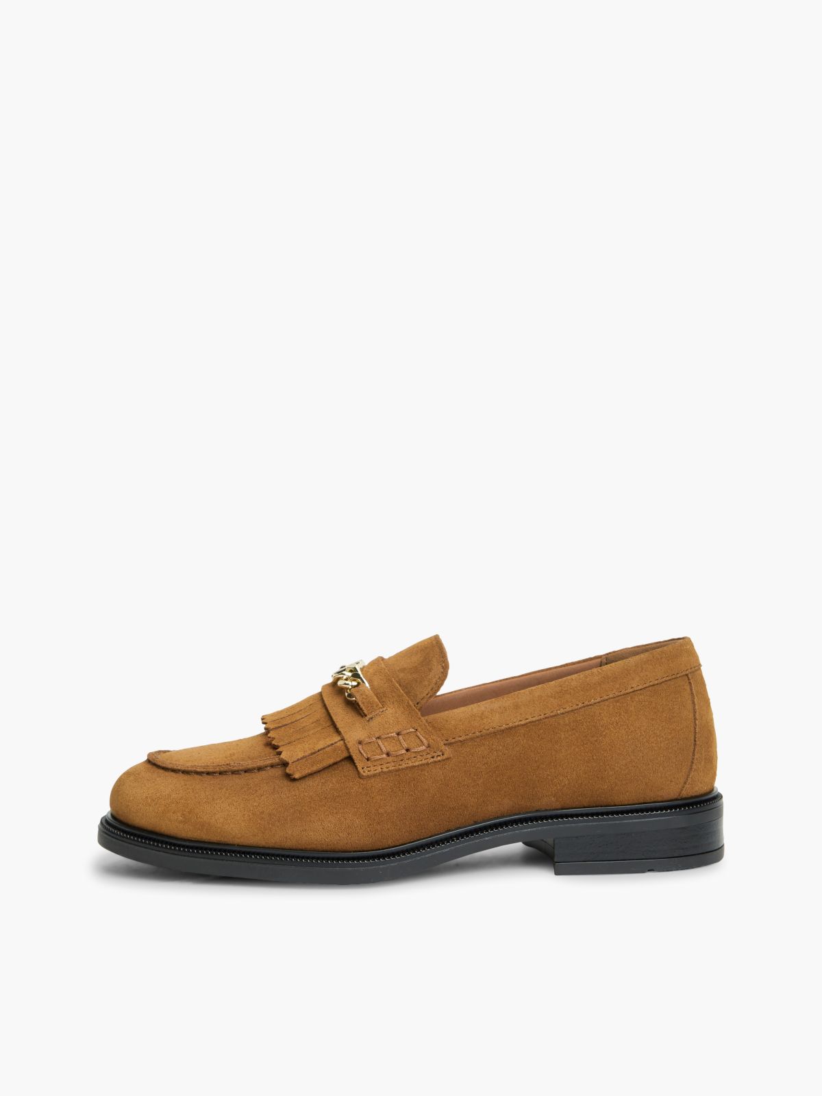 Suede Fringe Horsebit Loafers — Brown