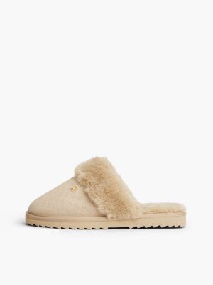 slippers in pelle con pelliccia sintetica beige da donne tommy hilfiger