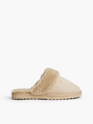 slippers in pelle con pelliccia sintetica beige da donne tommy hilfiger