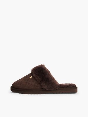 brown leather faux fur serrated slippers for women tommy hilfiger