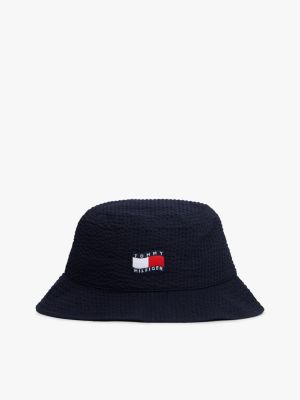 blue kids seersucker bucket hat met golvende vlag voor kinderen gender inclusive - tommy hilfiger