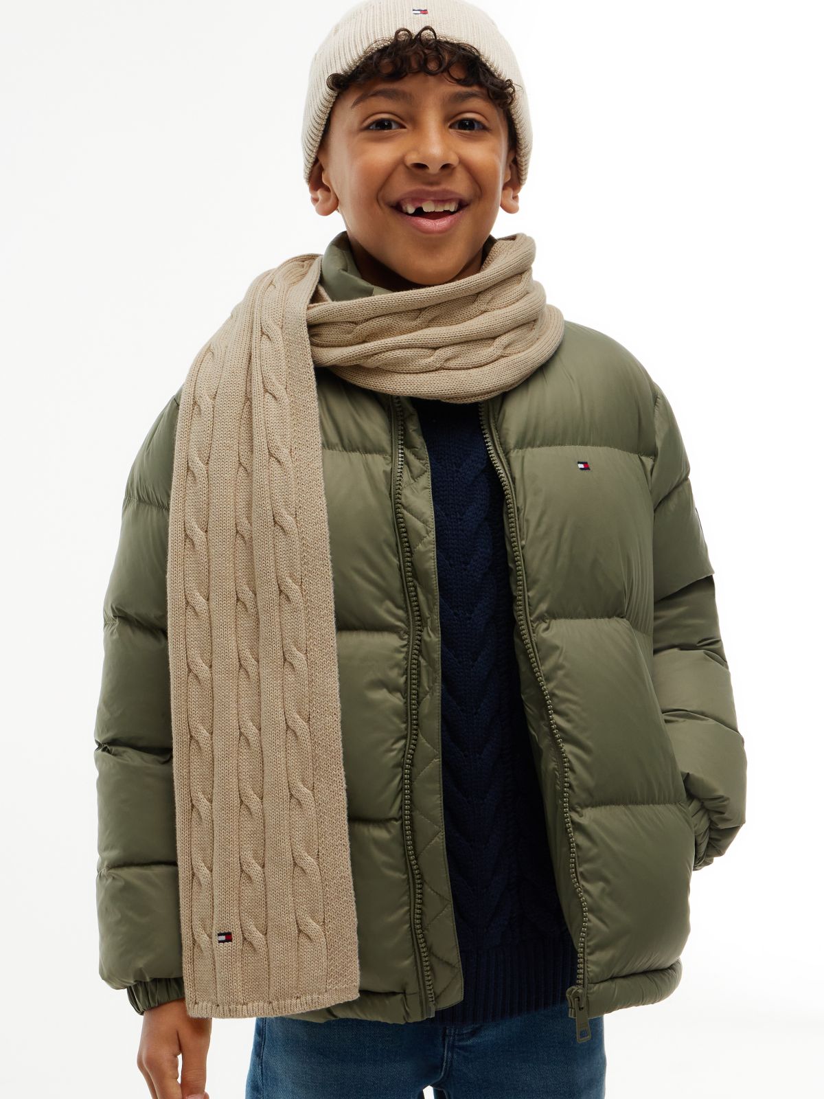 Kids' Cable Knit Flag Embroidery Scarf — Beige