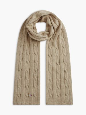 beige kids zopfmuster-schal mit flag-stickerei für gender-inclusive kinder - tommy hilfiger