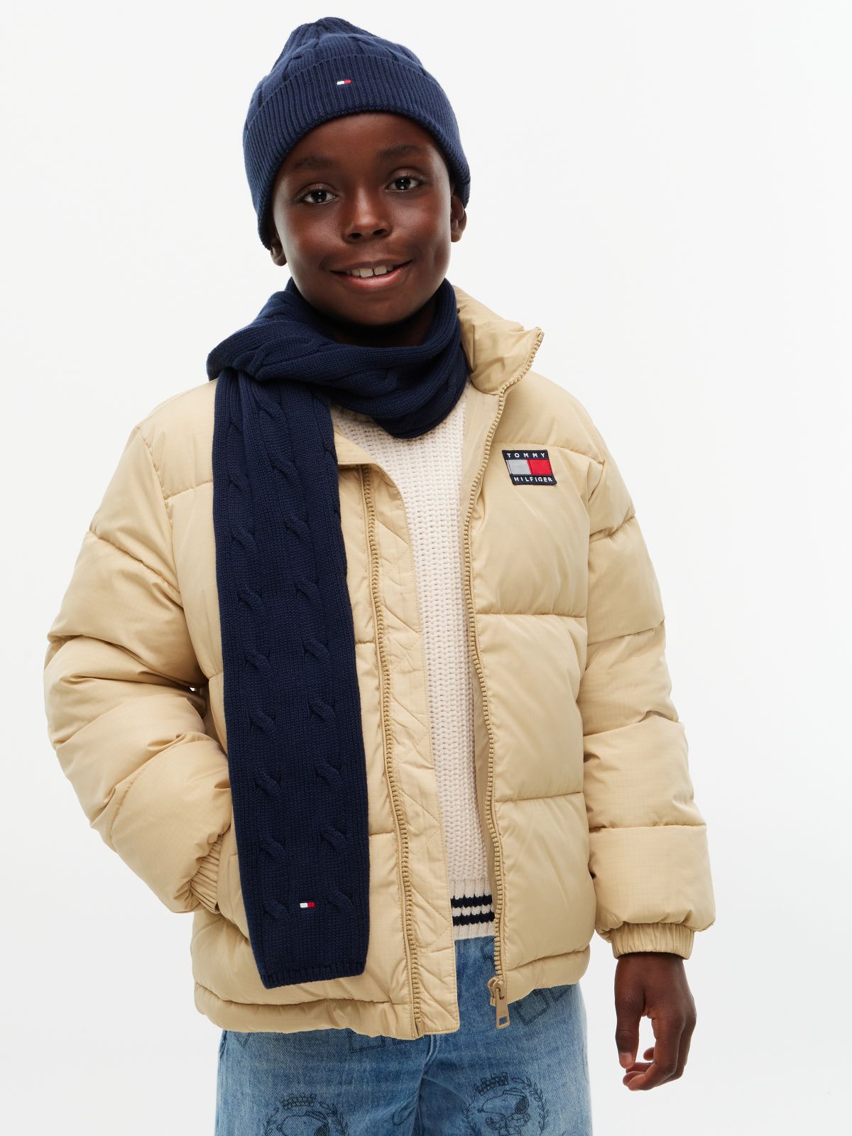 Kids' Cable Knit Flag Embroidery Scarf — Blue