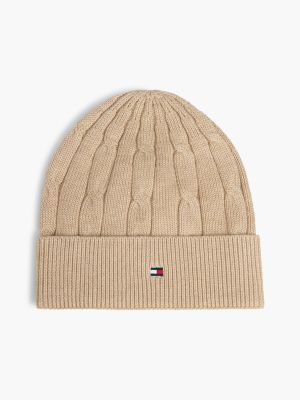beige kids zopfmuster-beanie mit flag-stickerei für gender-inclusive kinder - tommy hilfiger