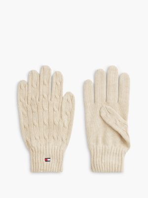 beige kids' flag embroidery cable knit gloves for kids gender inclusive tommy hilfiger