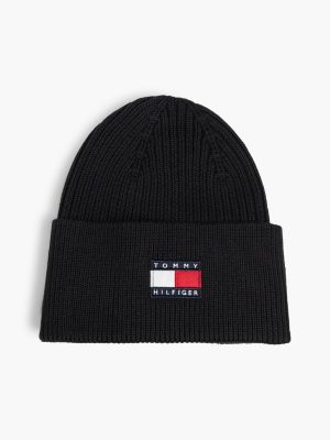 black kids' heritage flag logo rib-knit beanie for kids gender inclusive tommy hilfiger
