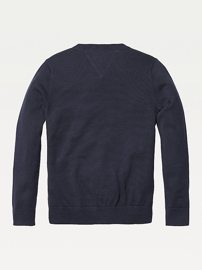 blue organic cotton v-neck jumper for boys tommy hilfiger
