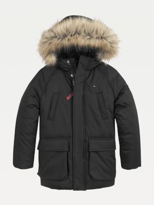 tommy jeans technical quilted parka faux fur trim hood in black