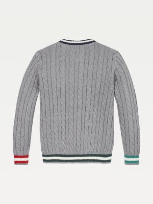 Pullover Mit Zopfmuster Und Kontrast Streifen Grau Tommy Hilfiger