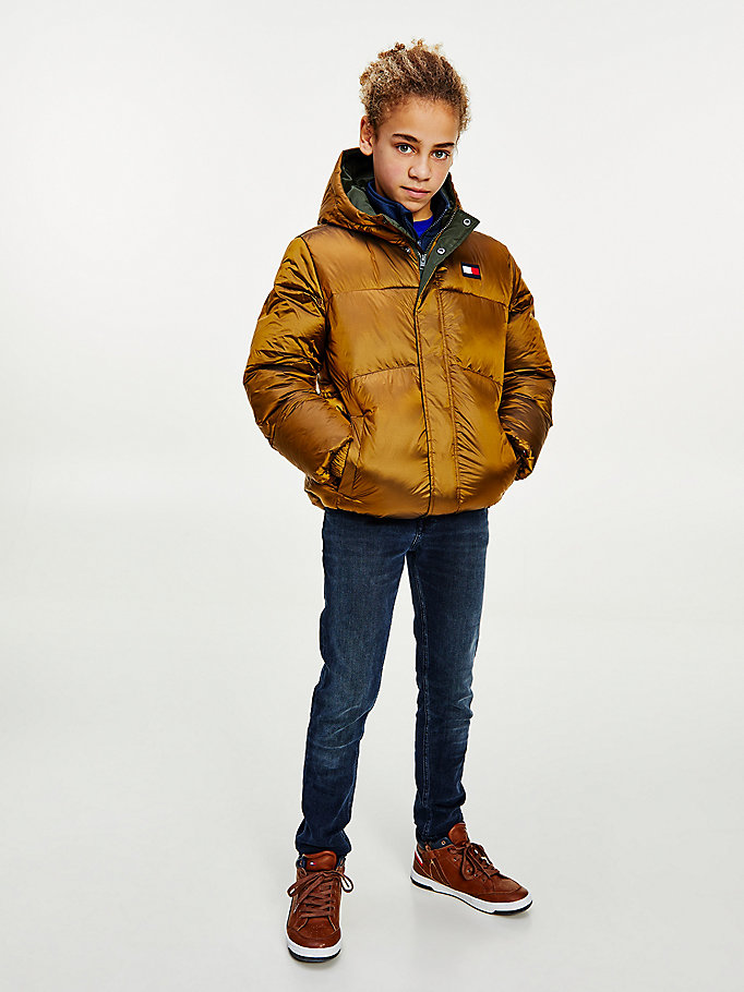 brown metallic puffer jacket for boys tommy hilfiger