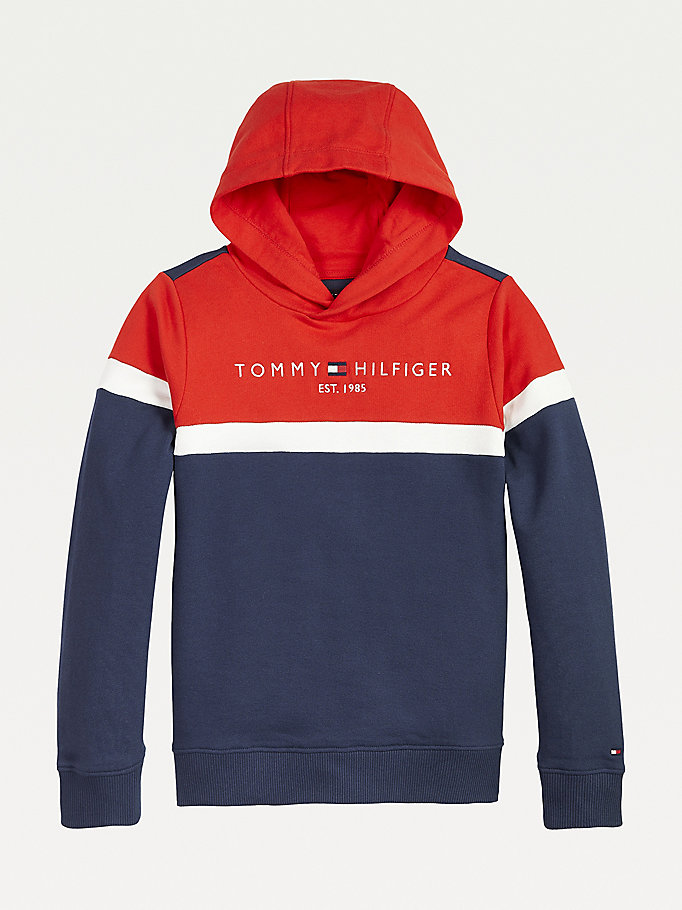 blue colour-blocked organic cotton hoody for boys tommy hilfiger