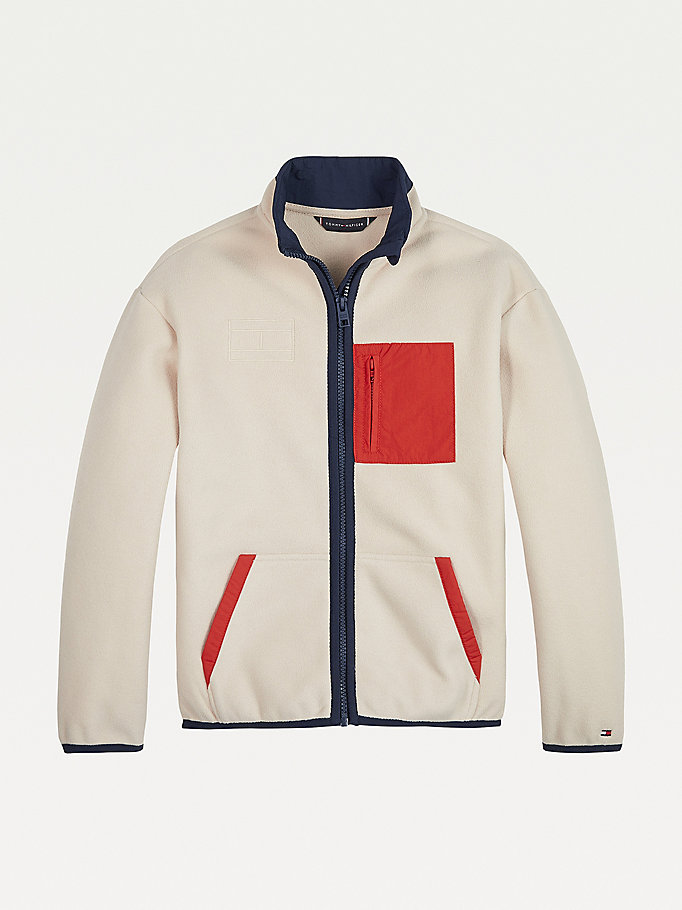 beige colour-blocked zip-thru fleece jacket for boys tommy hilfiger