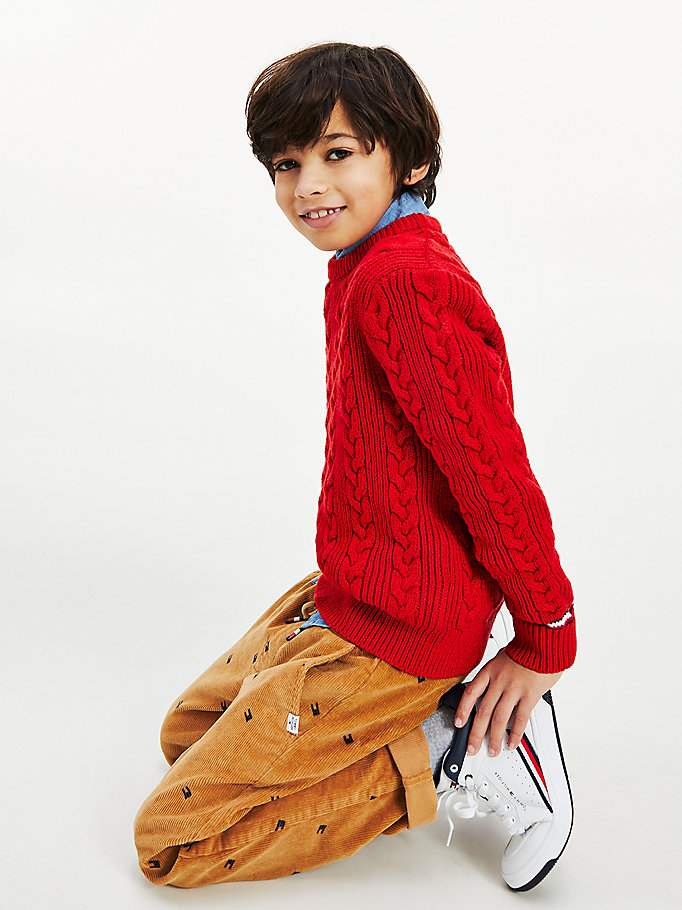 red essential cable knit jumper for boys tommy hilfiger