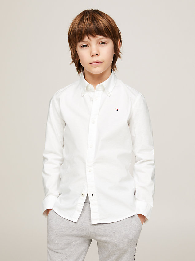 camisa de algodón oxford elástico white de niños tommy hilfiger