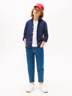 camicia in popeline di cotone stretch blu da bambini tommy hilfiger