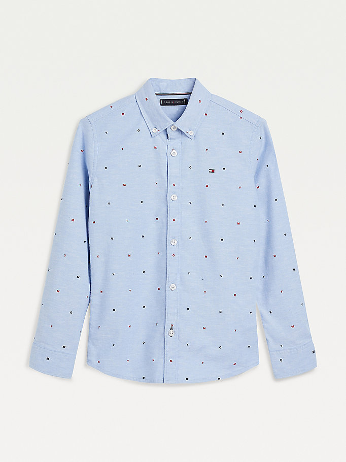 blauw oxford-overhemd met microprint voor boys - tommy hilfiger