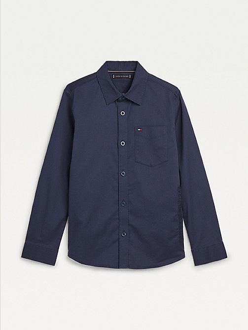 blue organic cotton stretch twill logo shirt for boys tommy hilfiger