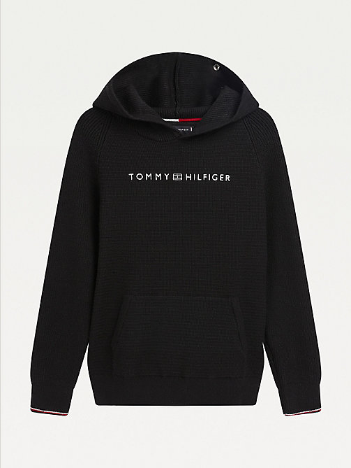 black logo embroidery knitted hoody for boys tommy hilfiger