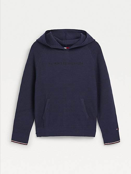 blue logo embroidery knitted hoody for boys tommy hilfiger
