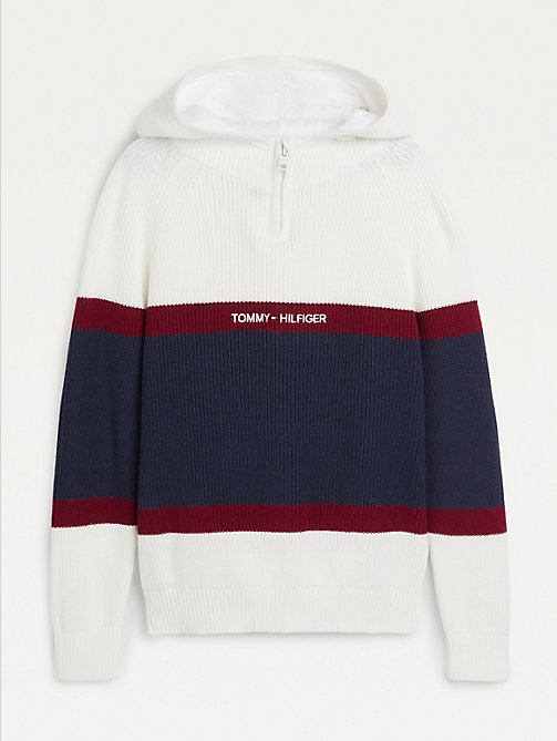 white colour-blocked knitted hoody for boys tommy hilfiger