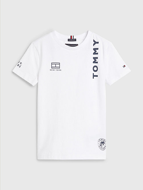 white organic cotton multi-logo t-shirt for boys tommy hilfiger
