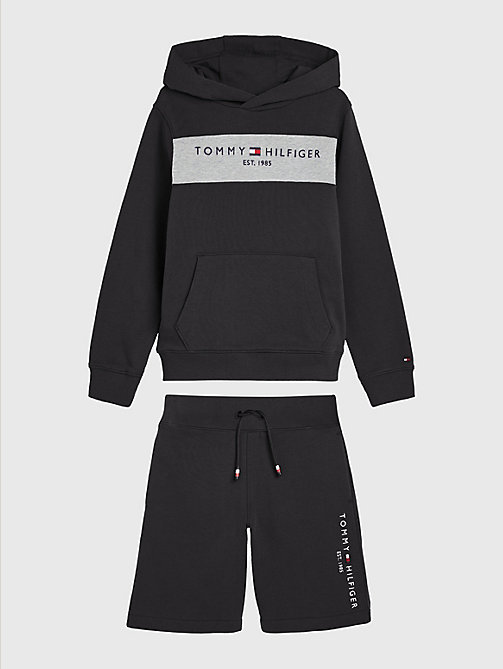 black essential colour-blocked hoody and shorts set for boys tommy hilfiger