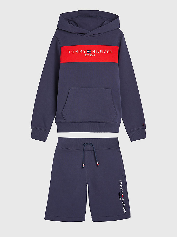 blauw essential set met hoodie en short voor boys - tommy hilfiger
