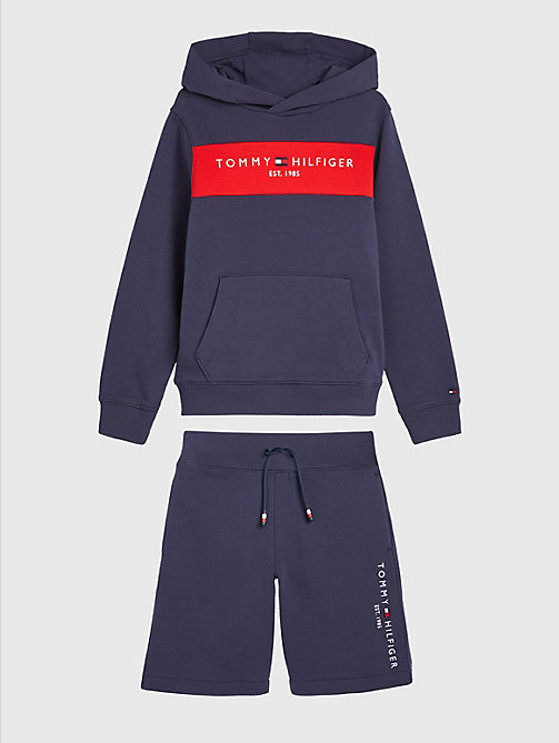 blue essential colour-blocked hoody and shorts set for boys tommy hilfiger