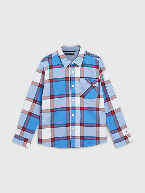 blue stretch organic cotton check chambray shirt for boys tommy hilfiger