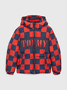 red checkerboard puffer jacket for boys tommy hilfiger