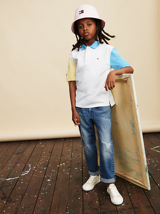 white colour-blocked oversized fit polo for boys tommy hilfiger