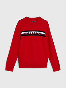 pullover con nastro iconico e logo a intarsio rosso da boys tommy hilfiger