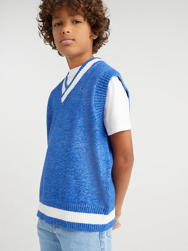 blue varsity knitted sweater vest for boys tommy hilfiger