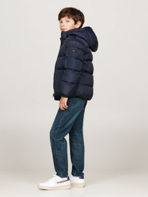 blue down-filled hooded relaxed puffer jacket for boys tommy hilfiger