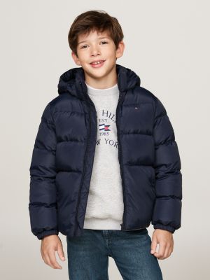 blue down-filled hooded relaxed puffer jacket for boys tommy hilfiger