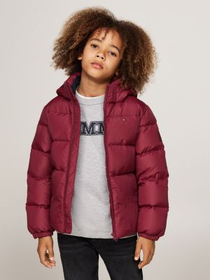 red relaxed fit pufferjack met dons en capuchon voor jongens - tommy hilfiger