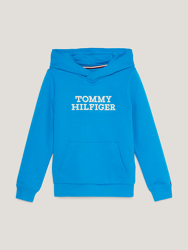 blue katoenmix terry hoodie met contrasterend logo voor jongens - tommy hilfiger