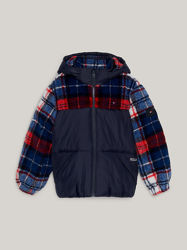 blue check padded sherpa jacket for boys tommy hilfiger