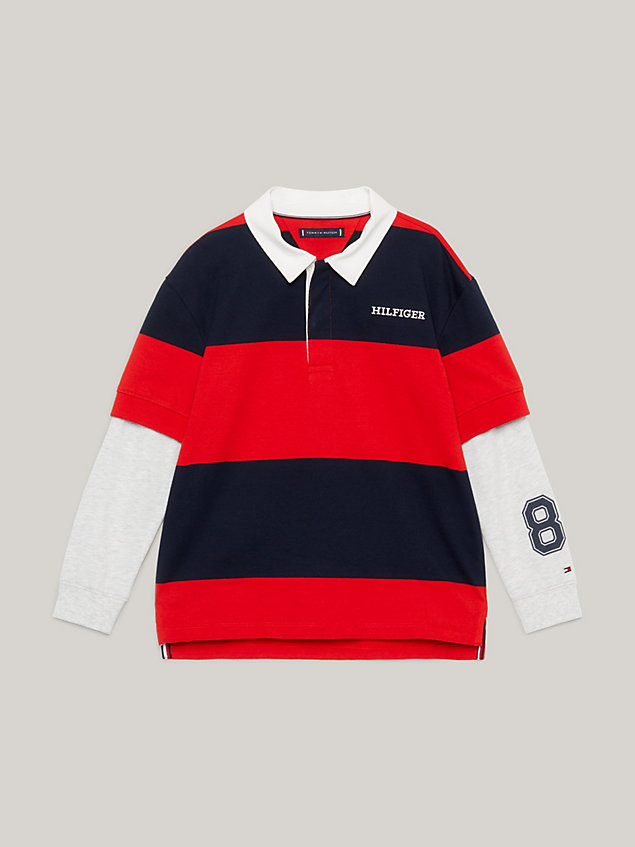 polo varsity a righe rugby e maniche lunghe red da bambini tommy hilfiger
