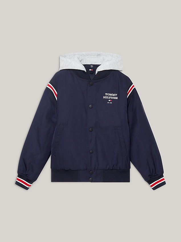 blue relaxed padded hooded bomber jacket for boys tommy hilfiger
